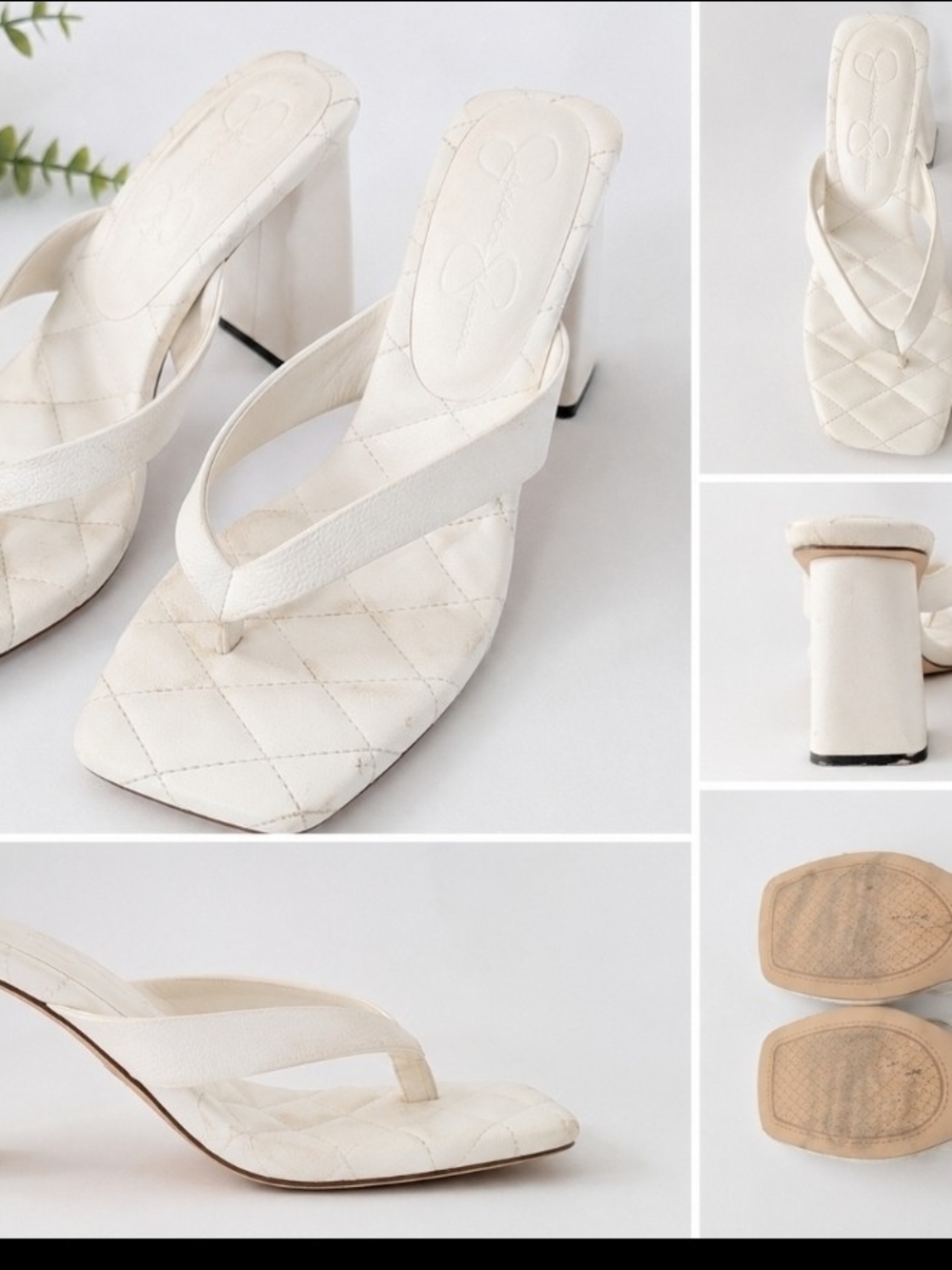 Jessica Simpson White Quilted Square-Toe Block Heel Thong Sandals